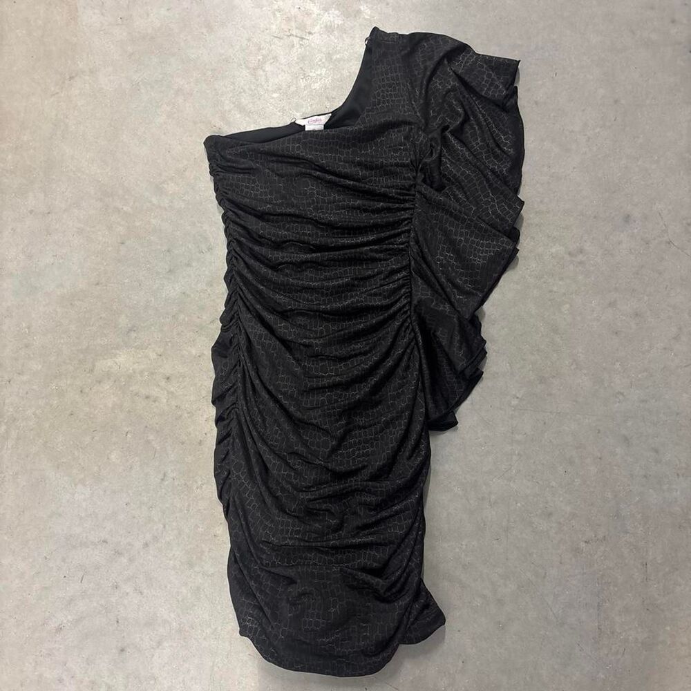 Candies Women's SZ S snake print mini black Dress ruffle one shoulder sleeve - Picture 2 of 6